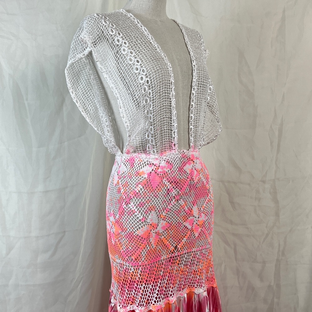 VTG Crochet Mesh Tie Dye Maxi Dress/Beach Cover Up in Pink and White - Picture 16 of 16